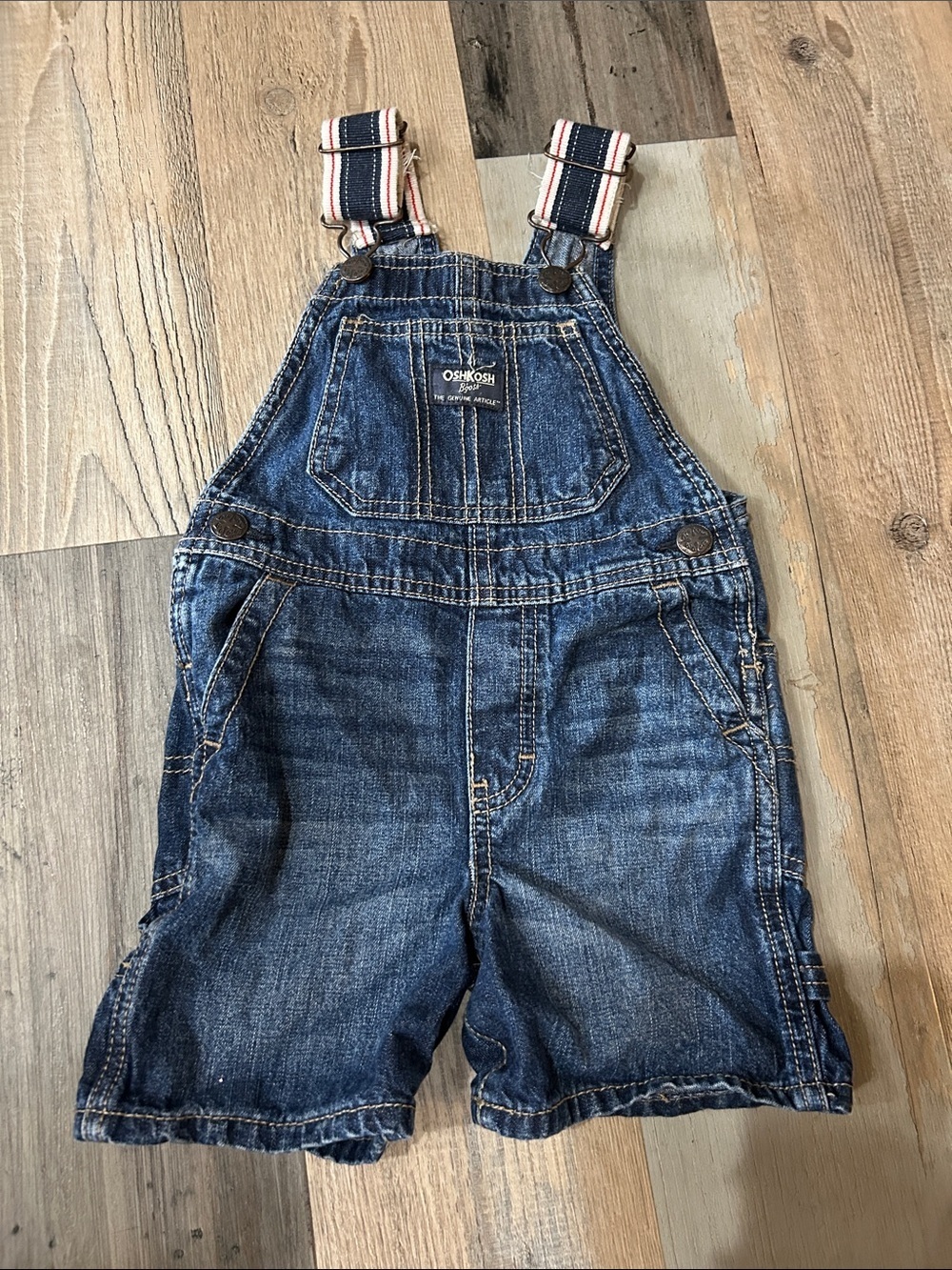 OshKosh B'gosh Blue Denim Shortalls with Striped Straps Sz 2T Casual Play